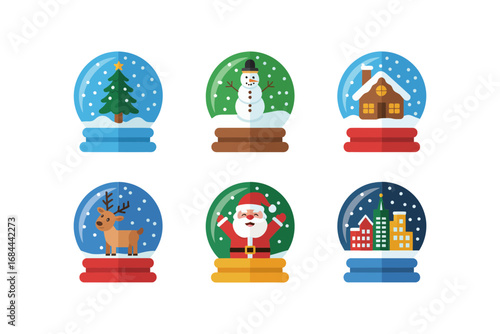Snow globe vector illustrations, festive winter dome collection, Santa reindeer snowman house scenes, decorative holiday glass spheres, seasonal celebration art