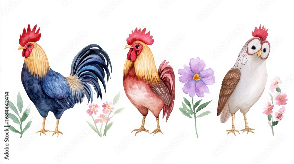 Fototapeta premium Vibrant bird illustration set with rooster and owl, detailed flowers and leaves in watercolor