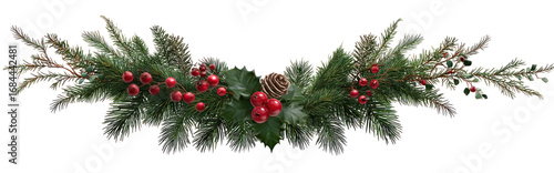 Festive swag of evergreen branches, red berries, and pine cone