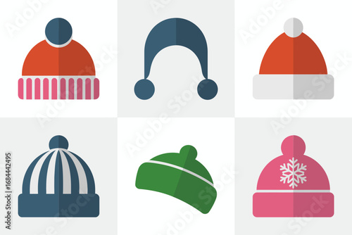 Decorative winter hat vector illustrations, colorful knitted seasonal caps, festive warm headwear collection, holiday accessories, cozy clothing fashion, cheerful design elements