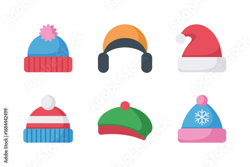 Knitted winter cap vector illustrations, colorful seasonal headwear collection, warm holiday hats, festive fashion elements, decorative cozy clothing accessories, cheerful art designs