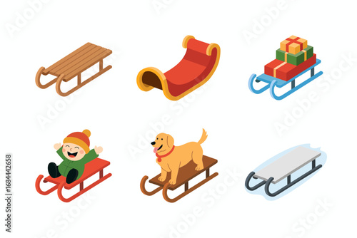 Christmas sleigh vector illustrations, festive winter sled design set, holiday season decoration graphics, cheerful seasonal art, bright celebration elements