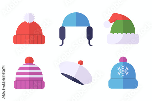 Winter hat vector collection, colorful knitted caps with festive details, warm cozy headwear illustrations, decorative seasonal clothing art, cheerful holiday accessories design
