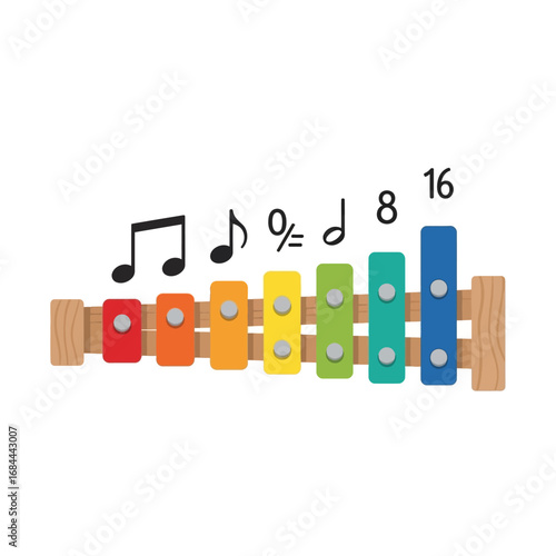 Colorful xylophone illustration with music notes floating above playful melody concept