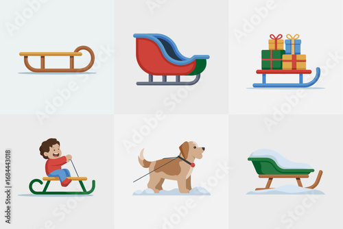 Decorative sleigh and sled vector set, festive holiday illustration collection, cheerful seasonal graphics, winter celebration art, bright design elements