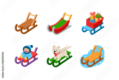 Winter sled vector collection, festive sleigh illustrations, holiday celebration art, decorative seasonal design, cheerful bright graphics, Christmas festive elements