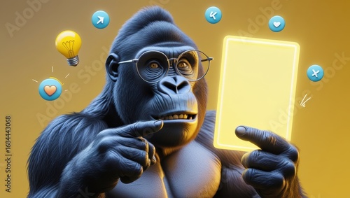 A gorilla wearing glasses holds a glowing yellow rectangle, surrounded by social media icons, suggesting ideas and digital interaction.
