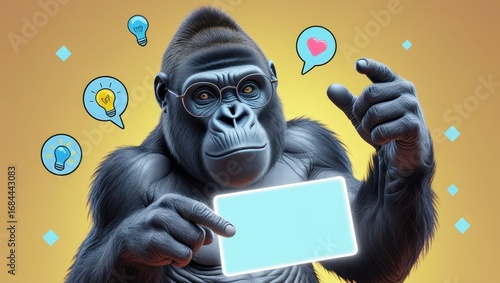 A gorilla in glasses presents a light blue tablet, suggesting new ideas and creative inspiration.
