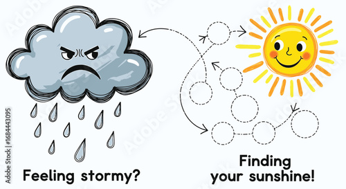 Illustration of a stormy cloud transforming into sunshine, representing finding your sunshine