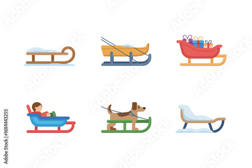 Festive sleigh ride vector illustrations, Christmas winter sled collection, decorative holiday art, cheerful seasonal graphics, bright celebration design elements