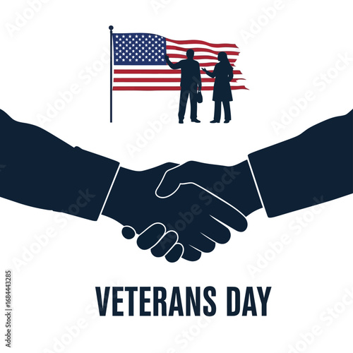 Honoring service: United handshake beneath national flag for Veterans Day celebration