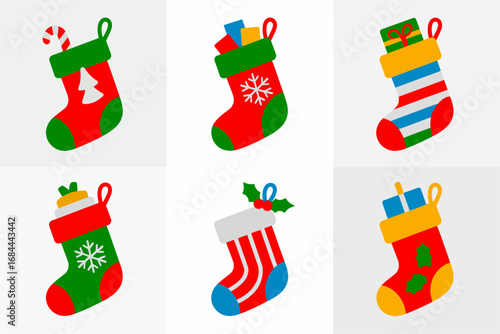 Christmas stockings vector illustrations, festive holiday sock collection, decorative seasonal art, cheerful celebration graphics, bright winter design elements
