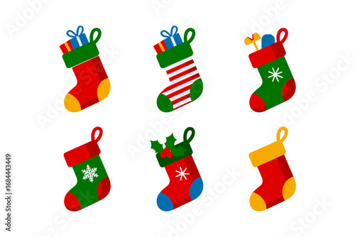 Decorative Christmas stocking vector set, festive holiday socks illustrations, cheerful seasonal design, bright celebration art, colorful winter decoration elements