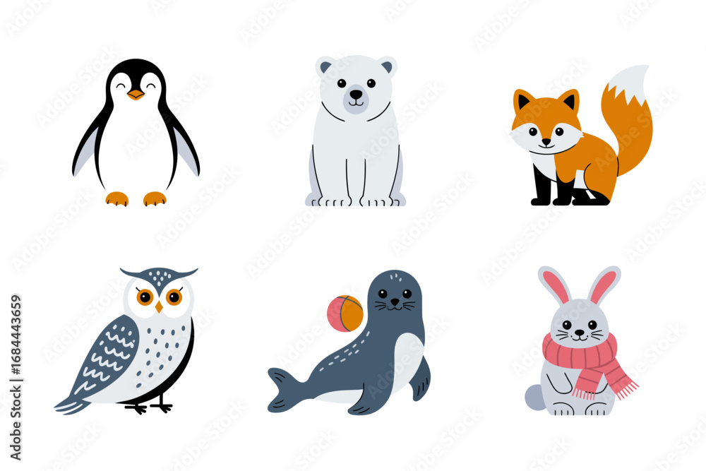 Fototapeta premium Assorted winter animal sticker collection, penguin polar bear fox owl seal rabbit, varied cute poses, seamless vector icons