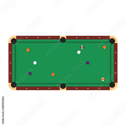 Graphic depiction of pool table setup with scattered balls offering an artistic illustration