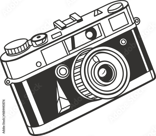 Hand drawn vector illustration of a vintage camera with a lens