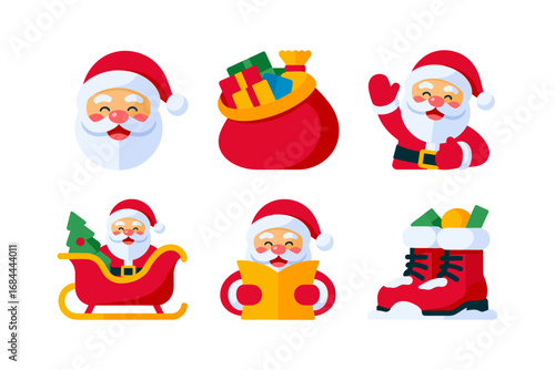 Santa Claus festive elements, Santa faces gift sack sleigh boots, colorful holiday icons, vector decorations for seasonal design