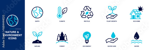 Nature and Environment Blue Colored Outline Icon Set