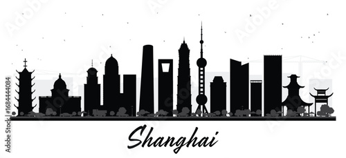 Shanghai China City skyline silhouette with black buildings isolated on white. Business travel and tourism concept. Shanghai cityscape with landmarks.