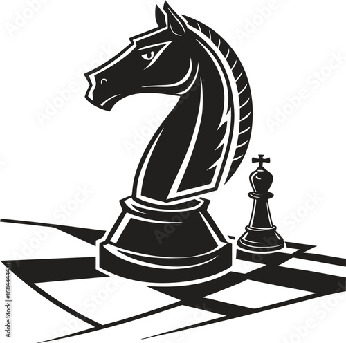 A stylized black horse head vector is a wild symbol on a cartoon chessboard with a black chess