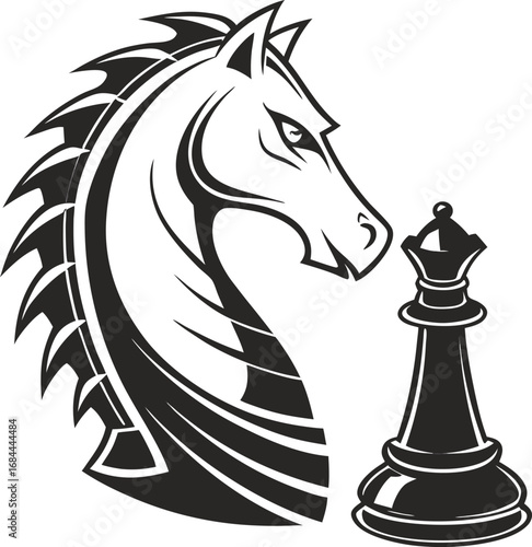 A powerful black horse head drawing with a tribal mane serves as a knight chess piece silhouette