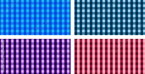 Four colorful gingham patterns in blue, teal, purple, and red create a vibrant and classic textile design