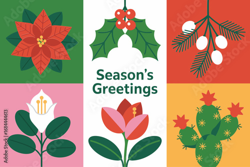 Holiday floral arrangement greeting card design, festive seasonal flower vector illustrations, cheerful Christmas decoration art, bright winter celebration graphics, decorative elements