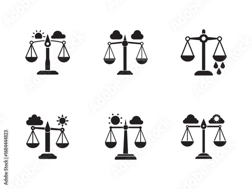 Balance Scales Representing Weather Conditions and Environmental States Black and White Conceptual Vector Illustration