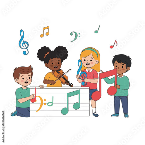 Enchanting harmony: A vibrant illustration of diverse children joyfully playing musical instruments