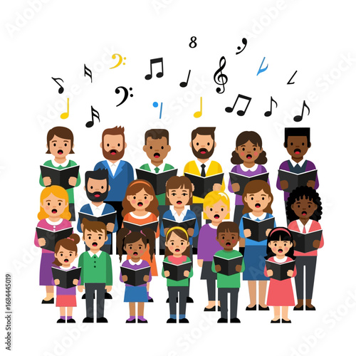 Harmonious vocal ensemble a diverse choir performing with animated musical scores above heads