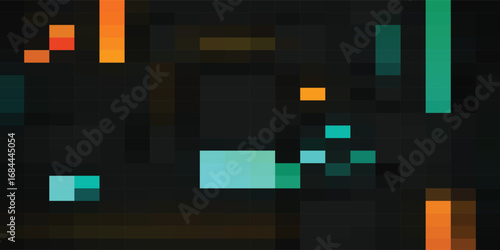 Abstract pixelated background featuring various colored blocks and shapes on dark backdrop.
