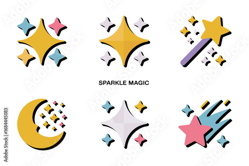 Sparkle magic fantasy illustration set, celestial star and moon graphics, decorative night sky elements, mystical dreamy art, magical celebration design