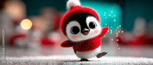 Adorable penguin in a red hat, playfully tossing snow in a winter scene