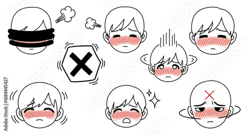 Collection of cartoon boy faces expressing various emotions and states of mind.