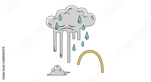 A sad, crying grey cloud raining with blue raindrops and a broken yellow rainbow arc, symbolizing melancholy and lost hope.