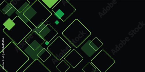 Abstract geometric design with overlapping squares and diamonds in shades of green on a dark background.