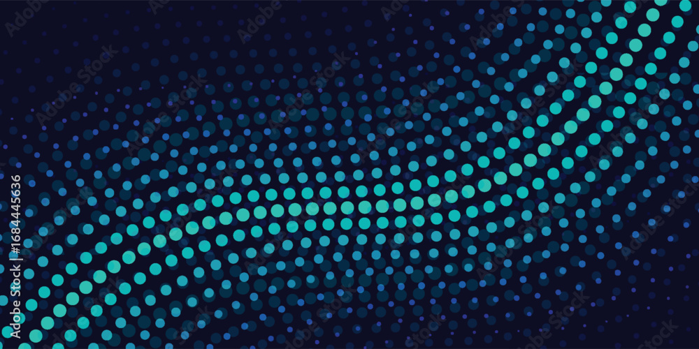 Fototapeta premium Abstract teal and blue dotted wave pattern on dark background.
