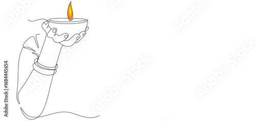 Minimalist one-line drawing of a hand holding a traditional oil lamp with a burning flame. The artwork represents spirituality, devotion, prayer, and cultural rituals