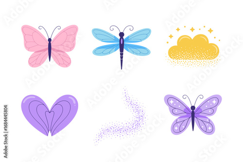 Butterflies and dragonflies vector illustrations, whimsical insect design, colorful wings graphics, fantasy art style, cheerful decorative nature inspired elements