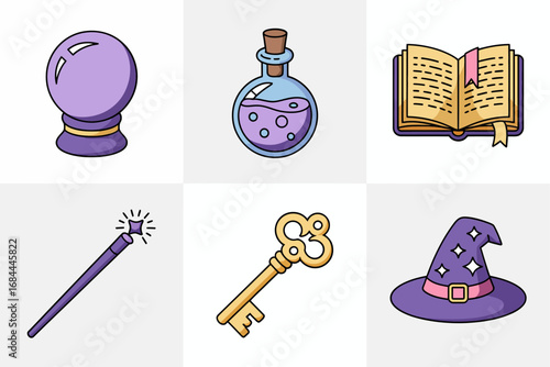 Mystical magic set illustration, potion bottle, crystal ball, wizard hat, enchanted book, fantasy key vector, decorative magical elements art design