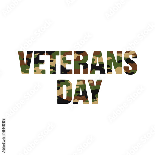 Camouflage patterned 'Veterans Day' text honoring military personnel service holidays
