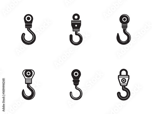 Black and White Vector Illustration of Multiple Crane Hooks for Construction and Industrial Equipment showcasing Strength and Support