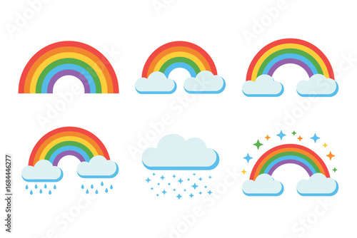 Whimsical rainbow and cloud vector illustrations, colorful weather elements design, decorative nature graphics, cheerful fantasy art, bright seasonal style