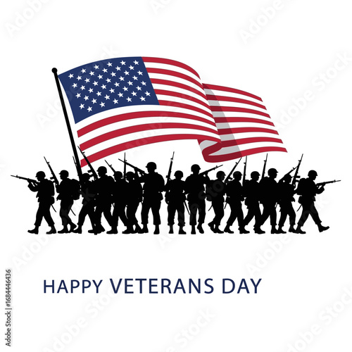 Silhouette soldiers marching with united states flag illustration for veterans remembrance