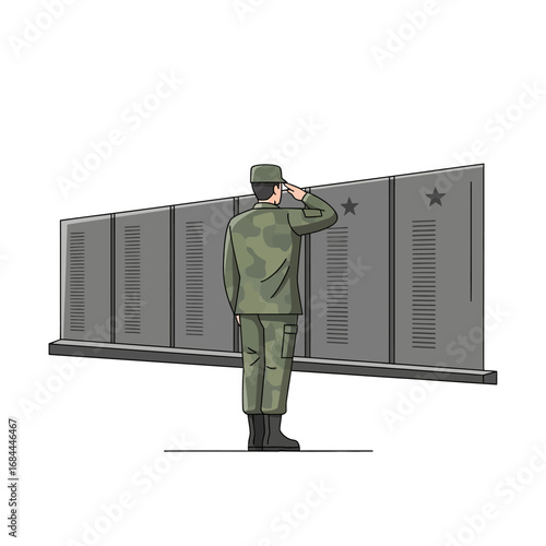 Solemn tribute illustration: Soldier saluting memorial wall honoring fallen heroes representation