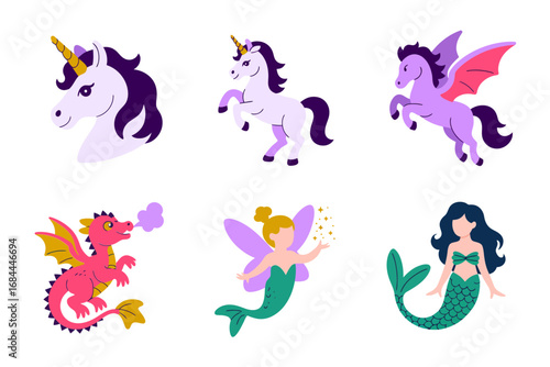 Whimsical fantasy character vector illustrations, unicorns, dragons, mermaids and fairies design, colorful magical graphics, decorative art elements, mystical style