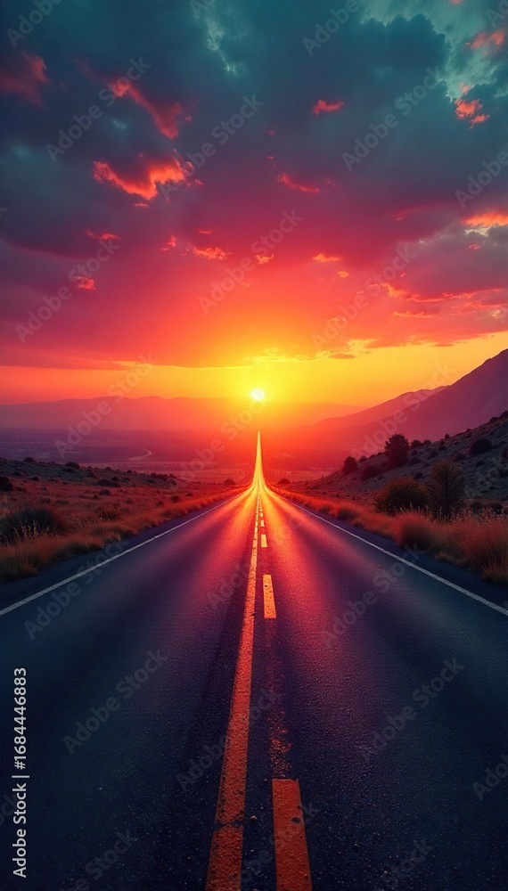 Fototapeta premium Asphalt road stretches towards a vibrant sunset, disappearing into the hazy horizon Endless journey, open road, freedom, travel, adventure awaits , unknown, countryside