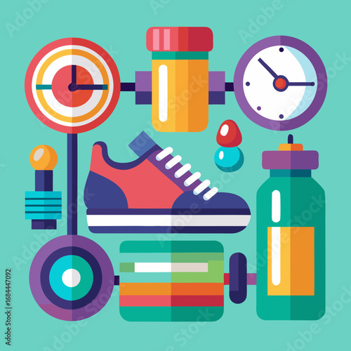 “Set of vector fitness training icons — dumbbells, running shoe, stopwatch, workout pack in flat colorful style”