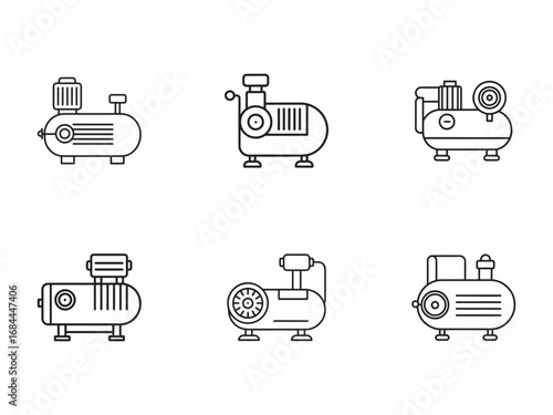 Collection of Air Compressor Icons in Vector Style for Industrial and Mechanical Applications Depicting Piston Compressors