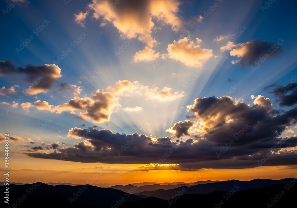 Obraz premium Dramatic Sun Rays Bursting Through Clouds Over Mountain Landscape at Sunset.